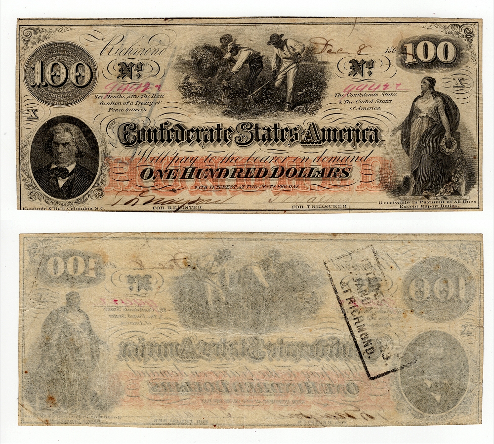 Confederate States of America, 100 Dollar Note, 1862. Plate X.. VF ...