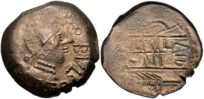 Iberia, Obulco. Late 2nd century B.C AE as. L Aemilius and M. Iunius, aediles. Ex Archer M. Huntington Collection; ANS/Hispanic Society of America (HSA 1001.1.53809). 