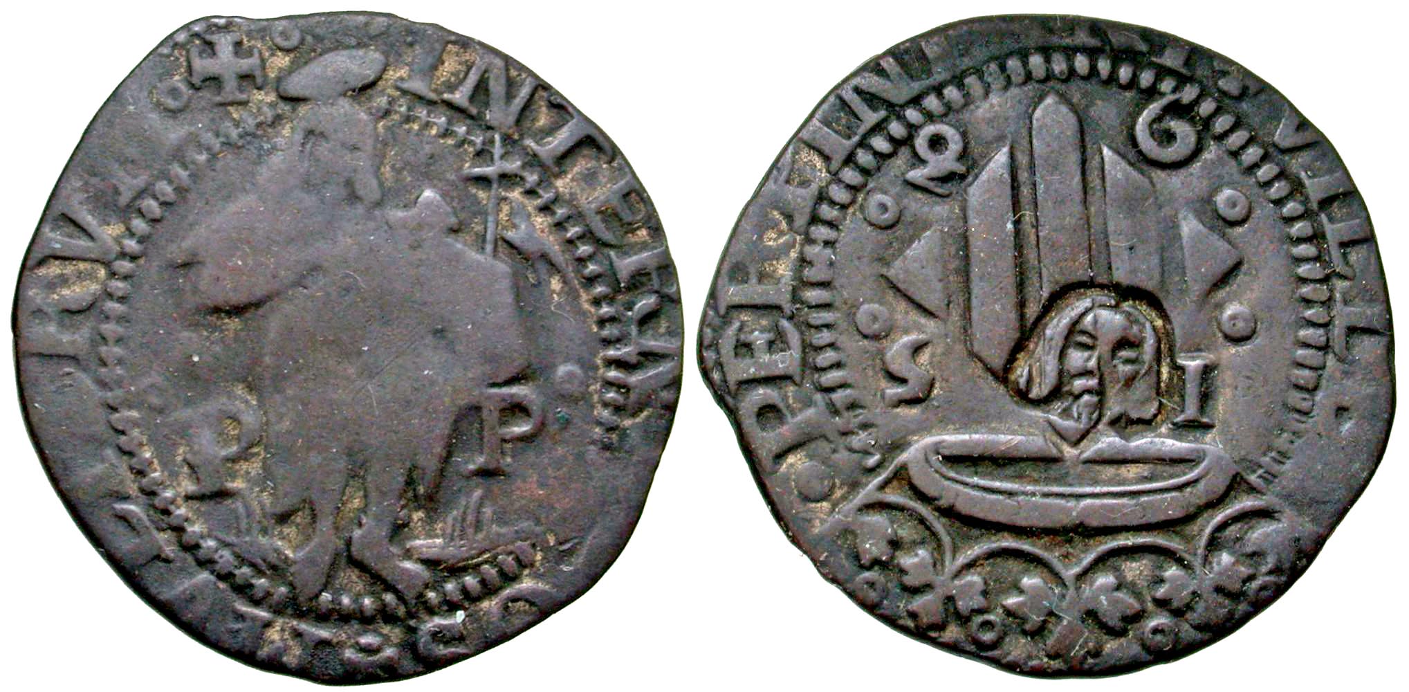 Spain, Perpignan. Philip I. 1556-1598. AE double sol. Countermarked ...